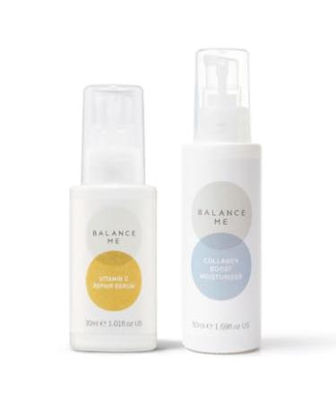 Balance Me Hydrate + Glow Bio-Active Skincare Duo - Vitamin C Repair Serum & Collagen Boost Moisturizer - Vegan & Cruelty-Free - Smooth Complexion & Reduce Hyperpigmentation
