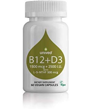 Unived Vegan B12 + D3 Vitamin B12 (1500mcg Methylcobalamin) Vitamin D3 (2500IU Lichen) Vitamin B9 (500mcg 5-MTHF) & Alfalfa Supports Immune Bone & Heart Health Energy & Metabolism 60 Vegan Caps 60 Count (Pack of 1)