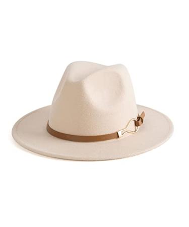 EOGIMI Fashion Women Wide Brim Fedora Floppy Panama Hat with Belt Buckle Beige Medium