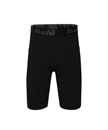 Runhit Youth Boys' Compression Shorts,Boys Performance Athletic Base Layers Underwear Sports Shorts Side Pocket Black X-Small