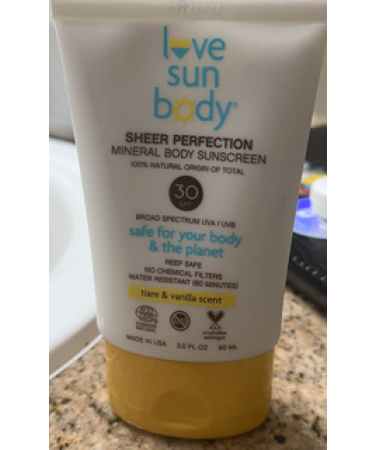 Love Sun Body 100% Natural Origin Sheer Perfection Mineral Body Sunscreen SPF 30 Broad Spectrum Tiare & Vanilla Scent  Sunblock Lotion  Sensitive Skin Safe  Travel Size  Reef Safe  Cosmos Natural