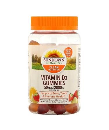 Sundown Naturals Vitamin D3 Gummies Strawberry Orange & Lemon Flavored 50 mcg (2000 IU) 90 Gummies