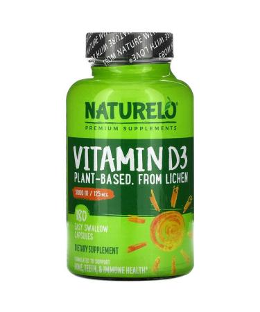 NATURELO Vitamin D3 Plant Based 125 mcg (5000 IU) 180 Easy Swallow Capsules