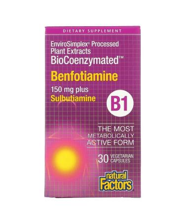 Natural Factors BioCoenzymated B1 Benfotiamine Plus Sulbutiamine 150 mg 30 Vegetarian Capsules