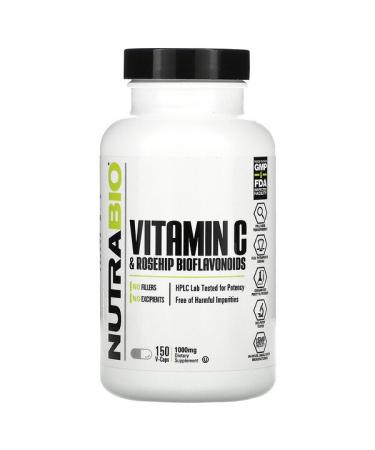 NutraBio Labs Vitamin C & Rosehip Bioflavonoids 1000 mg 150 V-Caps