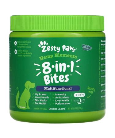 Zesty Paws Hemp Elements 8-In-1  Bites For Dogs Multifunctional All Ages Chicken 90 Soft Chews