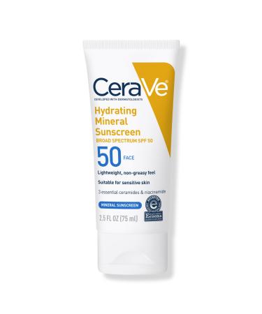 CeraVe Hydrating Mineral Sunscreen Lotion for Face SPF 50 for All Skin Types 2.5 oz