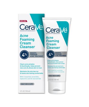 CeraVe Acne Foaming Cream Cleanser with 4% BPO for Acne Prone Skin 5.0 oz