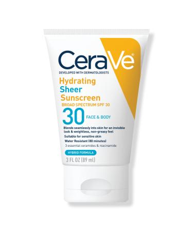 CeraVe Hydrating Sheer Sunscreen Face and Body Lotion with SPF 30 3.0 oz