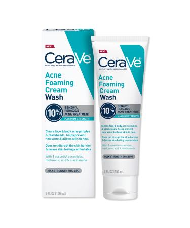 CeraVe Maximum Strength Acne Foaming Cream Wash with 10% BPO for Face & Body 5.0 oz