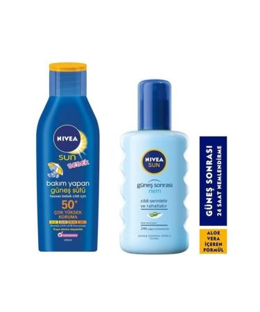 NIVEA Baby Sensitive Skin Sun Milk 50 Factor Full Protection 200ml + Sun After Sun Spray 200ml - Buy Online on GoSupps.com