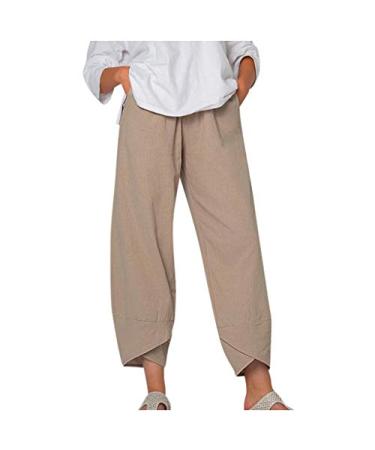 Womens Cotton Linen Pants Elastic Waist Solid Comfy Jogging Jogger Pants with Pockets Casual Linen Pants