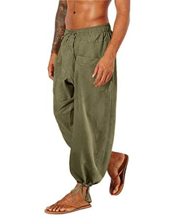 Gafeng Mens Linen Pants Drawstring Loose Fit Elastic Waist Casual Cropped Pants Yoga Harem Trousers with Pockets Large Army Green