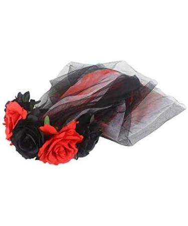 Ladies Day of the Dead Mesh Veil with Roses Garland Vintage Halloween Carnival Party Headband Fancy Dress Flowery Adults Costume Hairband Gothic Corpse Bride Veil Headpiece Head Buckle Wreath (Red) - Buy Online on GoSupps.com