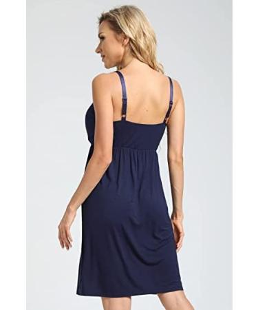 Sosolism Women's Dark Blue Nursing Nightdress - Padded Lace Trim Maternity Dress - Buy Online on GoSupps.com