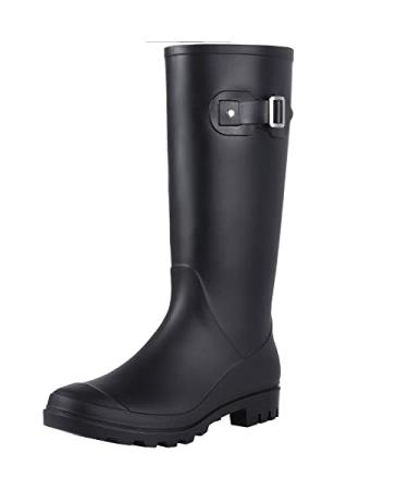 Women's Knee High Rain Boots - Narrow Calf - Fashion Waterproof Tall Wellies Rain Shoes 8 Matte Black