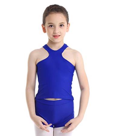 iiniim Kids Girls Two Piece Athletic Workout Sports Dance Outfits Racer Back Tank Tops with Lace Split Shorts Set Blue 6