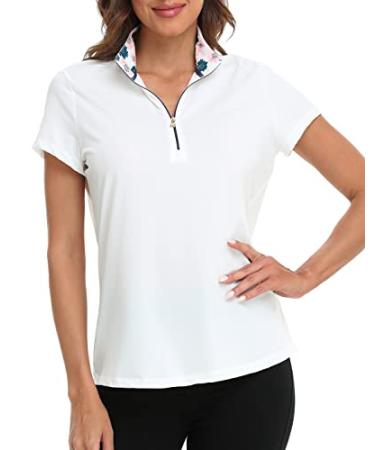 LRD Women's Golf Polo Shirts Short Sleeve Tennis Shirt UPF 30 Quarter Zip Up Small White / Floral