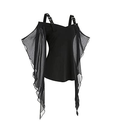 Women's Gothic Witch Tops Halloween Cold Shoulder Irregular Sleeve Blouses Vintage Steampunk Renaissance Shirts Black Large