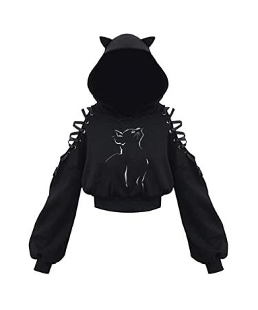 Aniywn Cat Ear Hooded Sweater Coats for Teen Girls Long Sleeve Gothic Hooded Sweatshirt Blouse Pullover Hoodies Outwear L 4X-Large