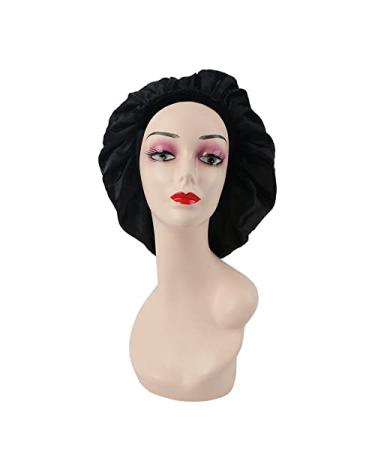 AllMatchWigs Double Layer Black Satin Bonnets with Elastic Band Lined Hair Sleep caps and Shower caps Adult Size