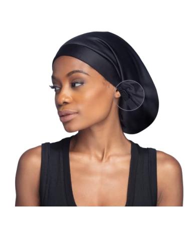 Hairbrella Satin Lined Sleep Cap - Sleeping Caps for Women to Protect Hair, Adjustable, Satin Band Edge, Silk Bonnet Black Classic
