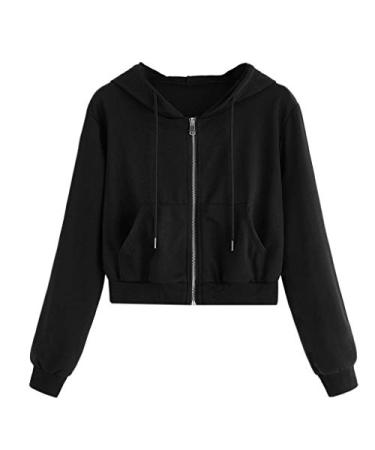 Angxwian Women's Zip up Hoodies Casual Long Sleeve Cropped Sweatshirt Pockets Fall Hooded Coats Black White Black Large