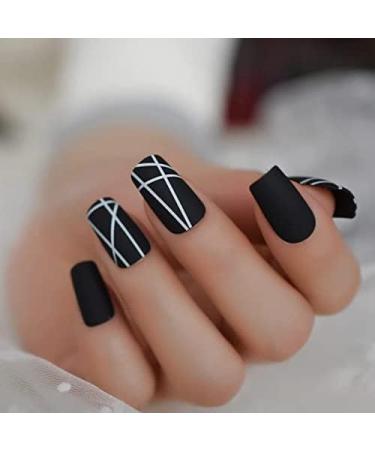 A N K 24 pieces Black false Nails medium length full coverage Glossy fake Artificial nails (Black Strip nail) Striped - Buy Online on GoSupps.com
