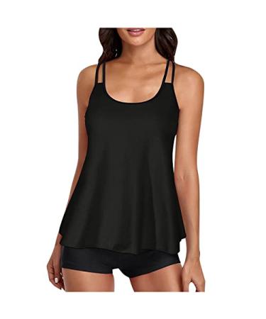 Swimsuit for Women Solid Tank Top Two Piece Bathing Suits with Shorts Swimwear Tankini Tummy Control Tops Vest Large Black