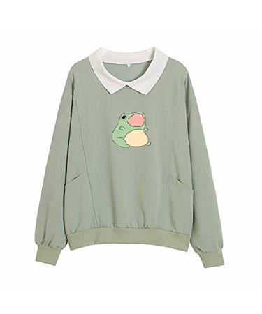 KIEKIECOO Cute Aesthetic Frog Sweatshirt for Teen Girls Kawaii Cartoon Graphic Hoodie Womens Preppy Cotton Pullover Sweaters Green Medium