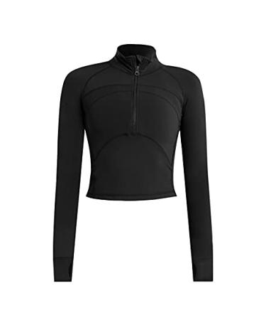 Women's Cropped Workout Jacket 1/2 Zip Pullover Running Athletic Outwear Slim Fit Long Sleeve Yoga Top Black Small