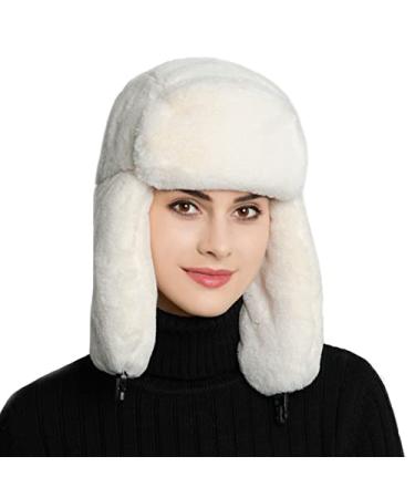 Winter Bomber Hats for Women and Men Russian Fur Hat Ushanka Trooper Trapper Hat Warm Cold Proof Ski Hunting Cap White