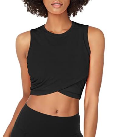 Sanutch Dance Tops Fitted Workout Crop Tops Yoga Tank Tops Athletic Sports Shirts for Women Medium Black