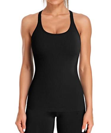 ATTRACO Ribbed Workout Tank Tops for Women with Built in Bra Tight Racerback Scoop Neck Athletic Top Large Black
