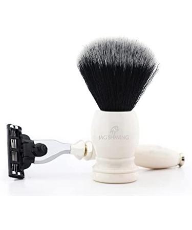 3-edge razor and synthetic hair shaving brush in ivory handle from Jag Shaving