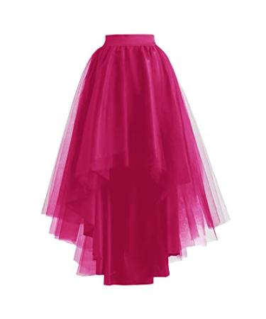Women High Low Tulle Skirts Layered Mesh Tutu Skirt Princess Wedding Evening Prom Dovetail Skirts Fuchsia One Size