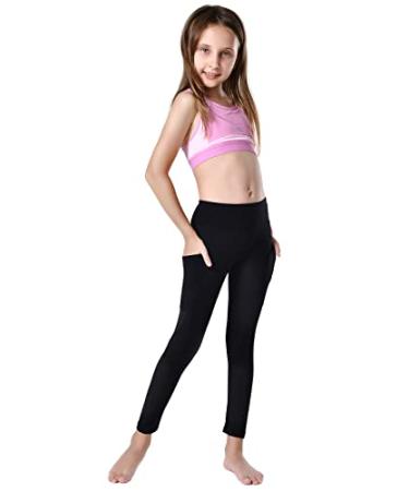 KYRIAD Girls Athletic Active Leggings Youth Kids Yoga Pants Sports Running Dance Tights with Pocket Black(side Pockets) Large
