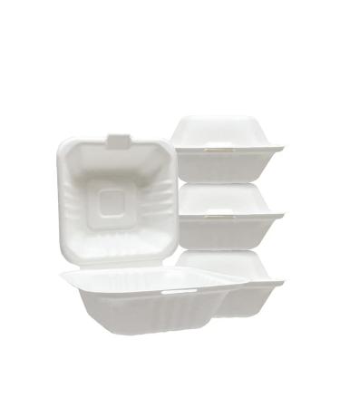 Harvest Pack GOURMET SHOWCASE 50 COUNT Sugarfiber 6 X 6 White Compostable Square Hinged Container, Single Compartment Clamshell Takeout Box, Made from Eco-Friendly Plant Fibers 6 X 6"