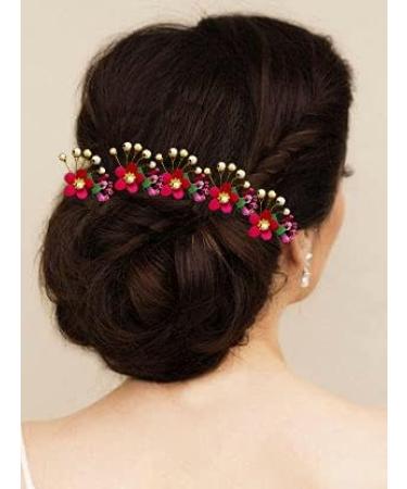 SHREEMEE Women Attractive Artificial Round Shape Flower with Golden Pearl Wedding Hair Accessories/Hair Pins/Juda Pins for Women and Girls- Maroon - Buy Online on GoSupps.com