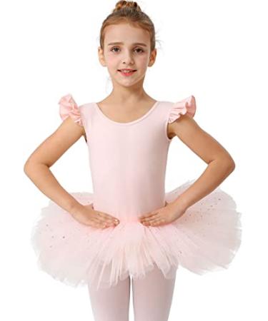 danswan Ballet Tutu Leotards Toddler Girls Short Sleeve with Glitter Skirt Dance Ballerina Outfit Ballet Pink (Fly Sleeve) 6-7 Years
