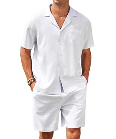COOFANDY Men's Linen Shirts Short Sleeve Button Up Shirts Beach Hawaiian 2 Piece Short Set Large White