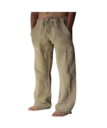 Mens Linen Pants Lightweight Elastic Waist Drawstring Pants Summer Casual Loose Fit Beach Yoga Pants Trousers with Pockets XX-Large A-khaki
