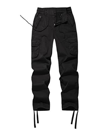FOURSTEEDS Women's Mid Rise Drawstring Elastic Waist Multi-Pocket Outdoor Sport Cotton Camping Hiking Cargo Pants XX-Large #776 Black