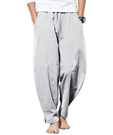 AUDATE Men's Cotton Linen Pants Summer Beach Pant Casual Solid Drawstring Yoga Pants Trousers Light Gray Medium