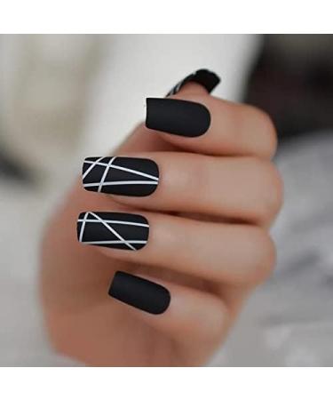 A N K 24 pieces Black false Nails medium length full coverage Glossy fake Artificial nails (Black Strip nail) Striped - Buy Online on GoSupps.com