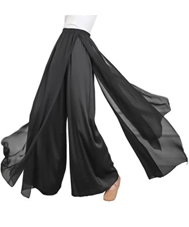 Angcoco Women's Elegant Double-Layered Loose Fit Chiffon Pants for Dance Training Medium Black