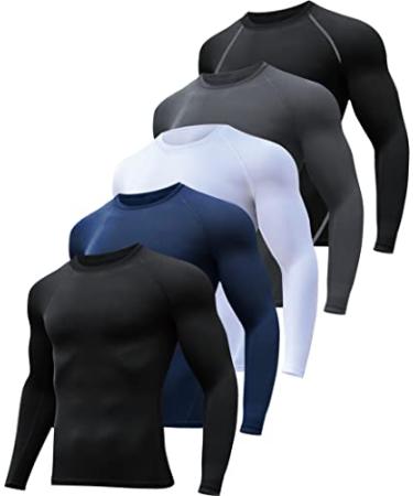 HOPLYNN 5 Pack Compression Shirts Men Long Sleeve Athletic Cold Weather Baselayer Undershirt Gear Tshirt for Sports Workout 2 Black 1 White 1 Blue 1gray Large