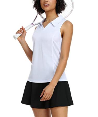 COOrun Women's Golf Polo Shirts Sleeveless Quick Dry Tennis T-Shirts Lightweight V-Neck with Collar Tank Top White Small