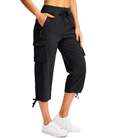 Soothfeel Women's Cargo Capris Pants with 6 Pockets Lightweight Quick Dry Travel Hiking Summer Pants for Women Casual Black X-Large