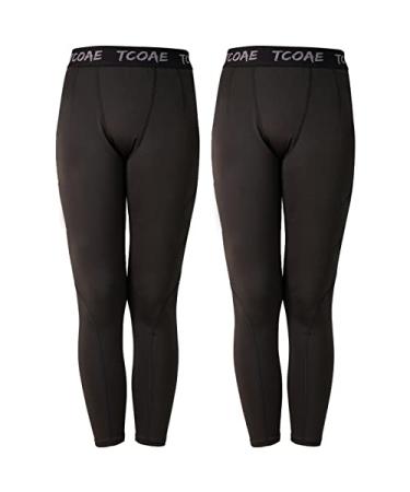 TCOAE Boys Compression Pants Running Workout Tummy Control Sports Leggings Baselayer Tights Youth Compression Leggings Black / Black Small